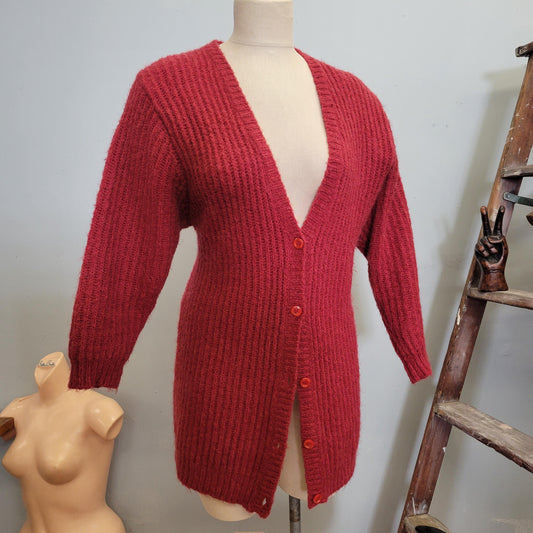 vtg 80s BURGUNDY RIBBED SWEATER // vintage red button up cardigan oversized small womens autumn fall colors textured deep v neck slouchy fit