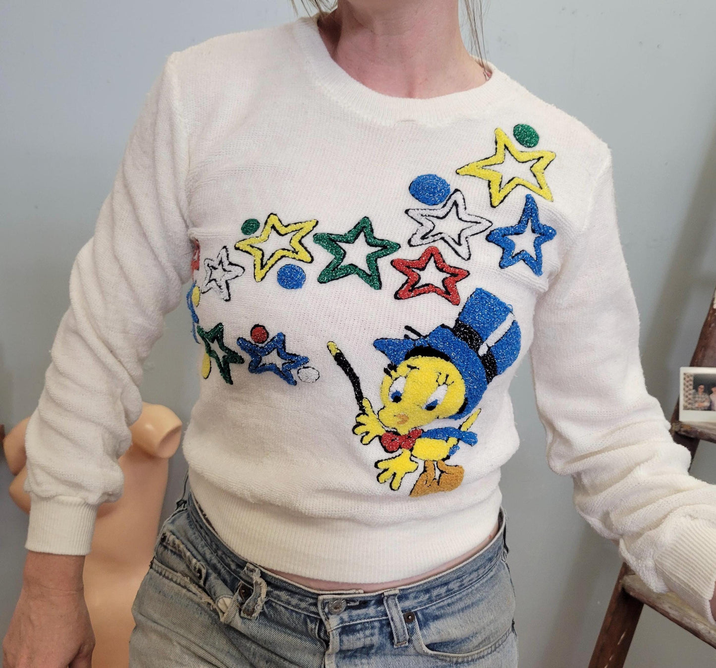 vtg 80s TWEETY BIRD STARS Top // vintage warner bros sparkle knit sweater retro looney tunes cropped sweatshirt baby tee cartoon character