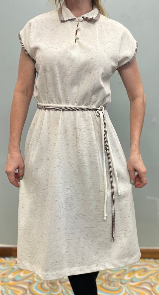 vtg 70s BRAIDED BELT DRESS // vintage medium women speckled neutral colors autumn shift dress secretary cap sleeve preppy casual day dress