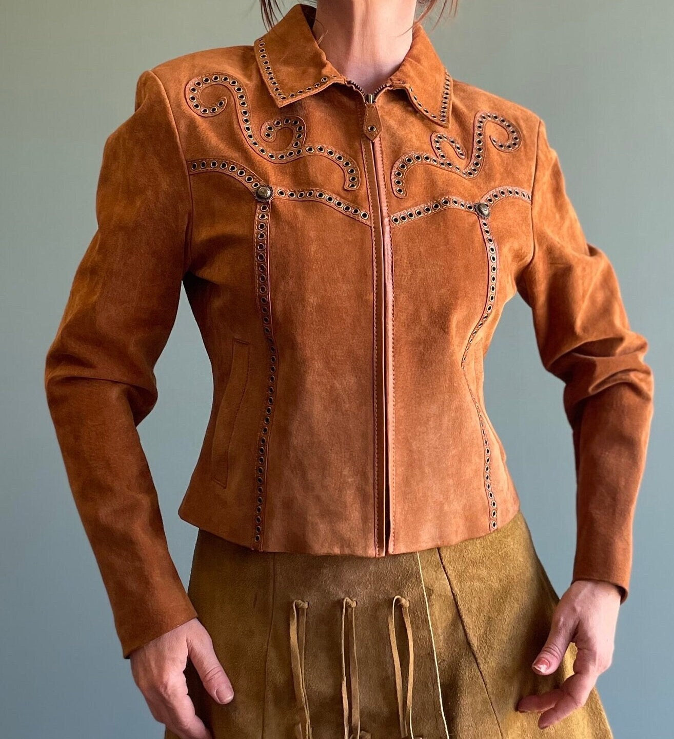 vtg 90s TOOLED SUEDE JACKET // vintage cripple creek small womens studded leather embroidered zip up autumn fashion 70s style retro western