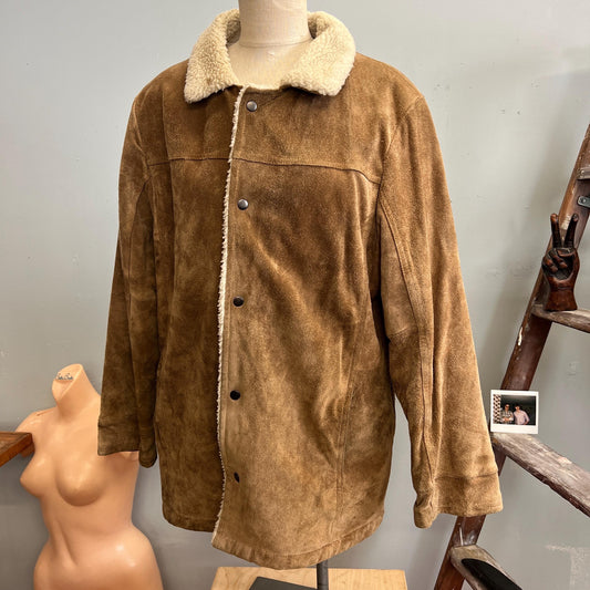 vtg 70s FUR SUEDE COAT // vintage pioneer wear 46 mens shearling leather jacket retro tan suede Sherpa autumn winter overcoat western style