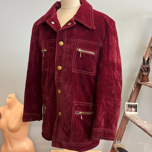 vtg 70s BURGUNDY FELT COAT // vintage towncraft jc penney maroon felt mod hippie pointy collar 4 zippers mens large velvet look autumn style