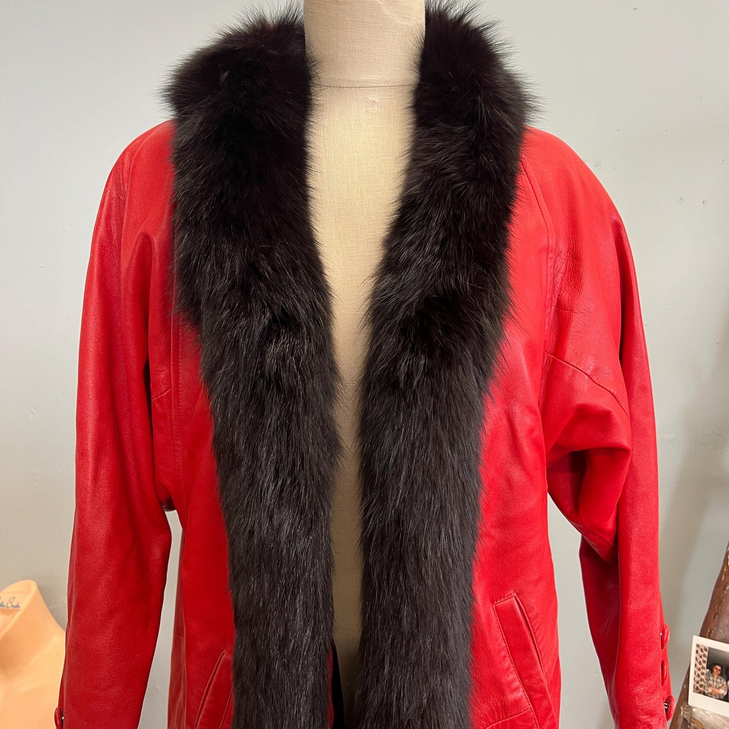 vtg 70s RED LEATHER FUR Trim Jacket // vintage Dero By Rocco D'amelio trench coat disco glam fancy statement autumn winter holiday party