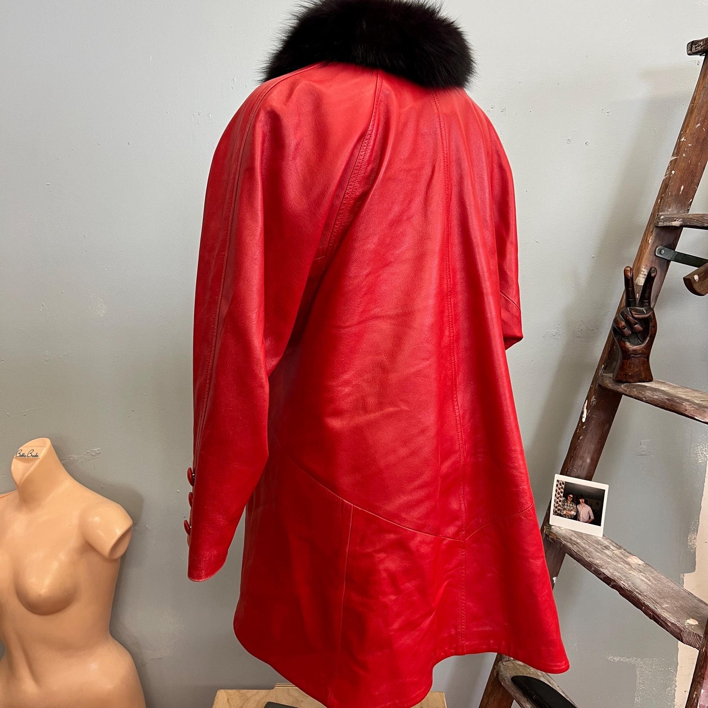 vtg 70s RED LEATHER FUR Trim Jacket // vintage Dero By Rocco D'amelio trench coat disco glam fancy statement autumn winter holiday party