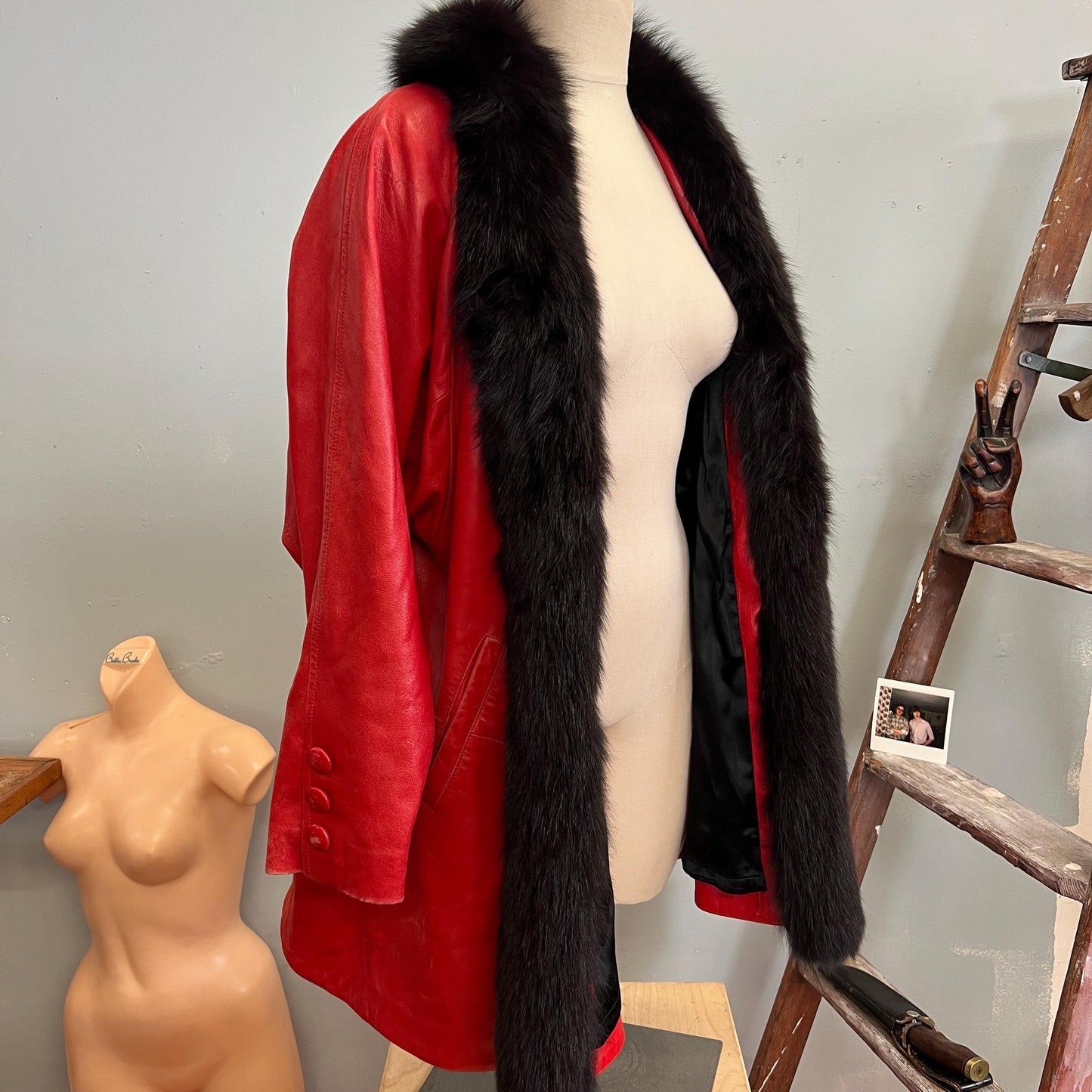 vtg 70s RED LEATHER FUR Trim Jacket // vintage Dero By Rocco D'amelio trench coat disco glam fancy statement autumn winter holiday party