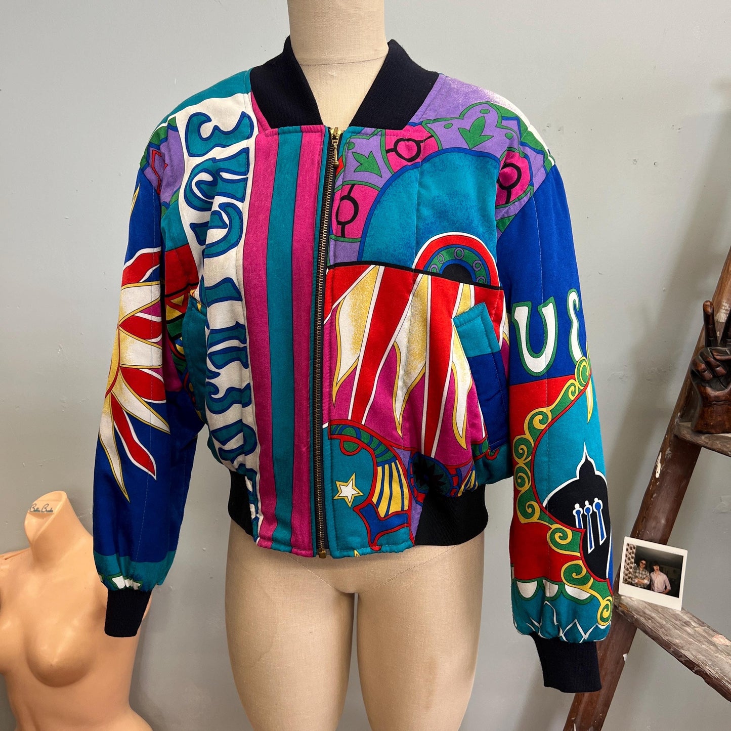 vtg 80s SILKY BOMBER JACKET // vintage apriori large celestial patchwork zip up windbreaker crazy pattern fresh prince retro funky eclectic