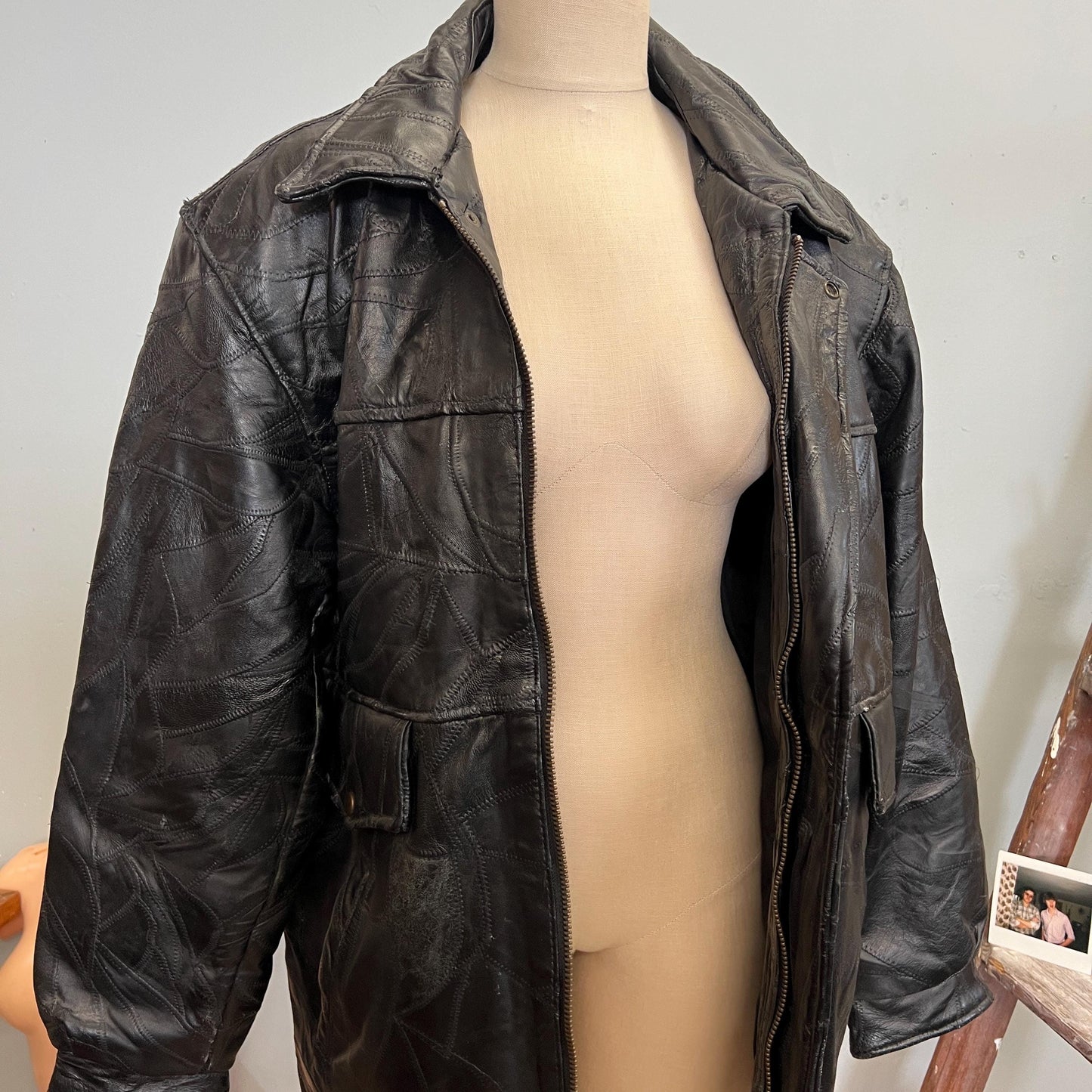 vtg 80s LEATHER PATCHWORK JACKET // vintage stitch detail medium maxam retro slicker supple leather biker Italian design black sleek duster