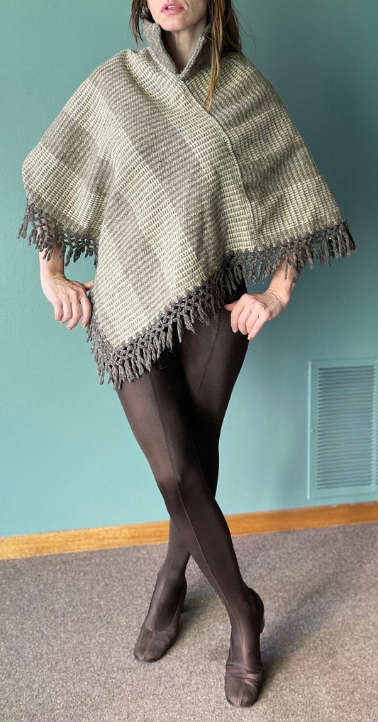 vtg 60s PLAID FRINGE CAPE // vintage langtry medium knit shawl collar sweater neutral colors winter cover up retro autumn fashion tunic