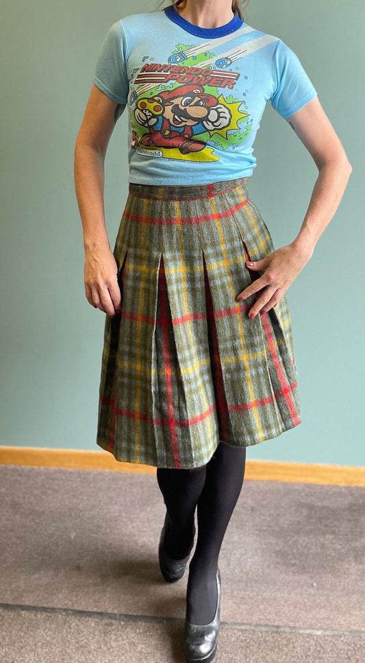 vtg 60s FUZZY PLAID SKIRT // vintage preppy pleated plaid neutral earth tones flannel school uniform wool mid length 1970s kilt punk cottage