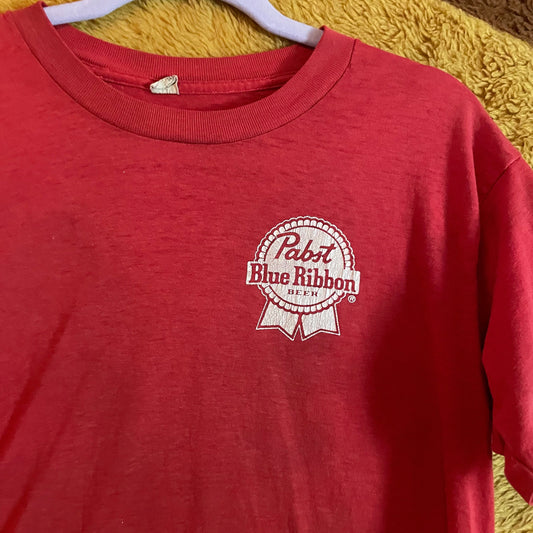 vtg 70s PABST BLUE RIBBON Shirt // vintage paper thin xl distressed pbr beer graphic logo tee soft faded souvenir bar tee water print worn