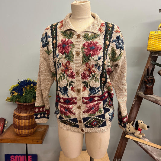 vtg 80s HEAVILY EMBROIDERED CARDIGAN // vintage stitches in time small womens cotton button up thick chunky knit cottage core cozy autumn