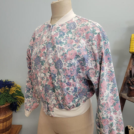 vtg 80s FLORAL BOMBER JACKET / vintage stefano international medium name brand designer 90210 beverly hills valley style cropped fall jacket