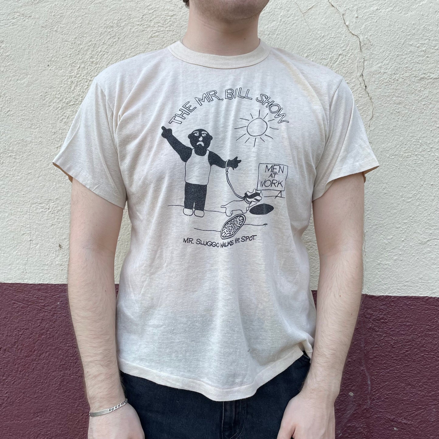 vtg 80s MR BILL SHOW // vintage mr. slight walks mr spot stick figure snl funny graphic tee retro hand drawn style cartoon pop culture tv
