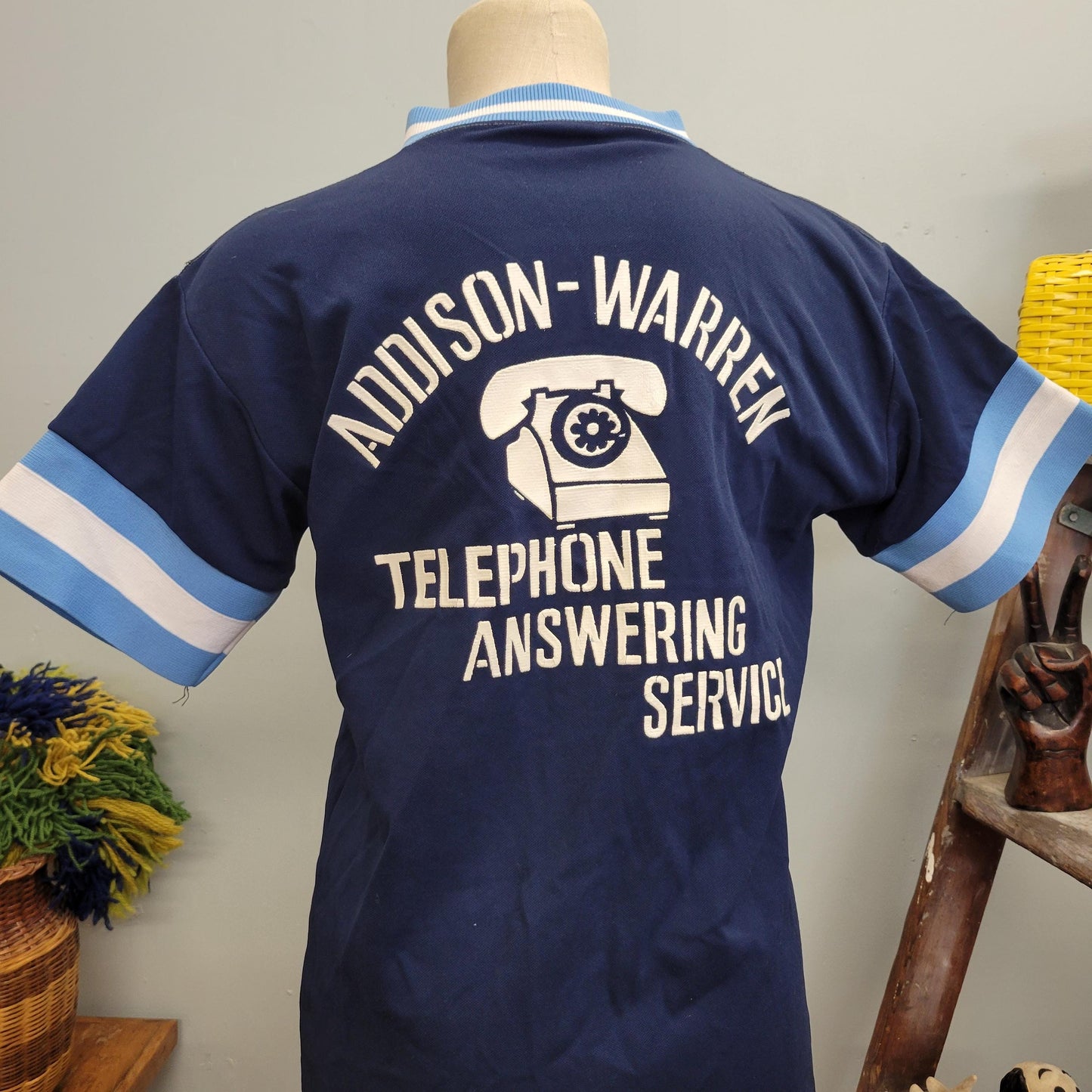 vtg 70s RETRO TELEPHONE COMPANY Uniform / vintage new era knitting mills medium womens stripe collared bowling team shirt phone operator top