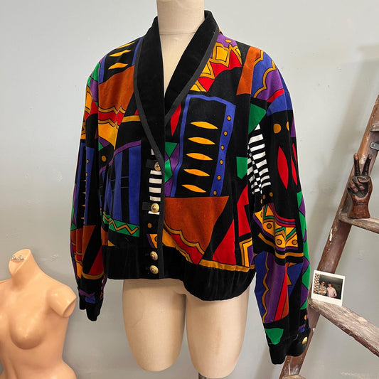 vtg 80s LOUIS FERAUD JACKET // vintage abstract velvet jacket vivid op art patterned cotton blouse couture statement autumn fresh prince