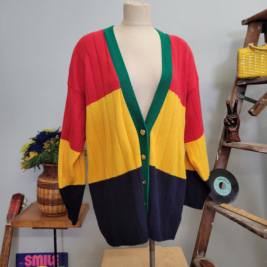 vtg 80s FUNKY STRIPED CARDIGAN // vintage cst studio 24w xxl raggae Rasta colors Colorblock v neck button up oversized baggy sweater