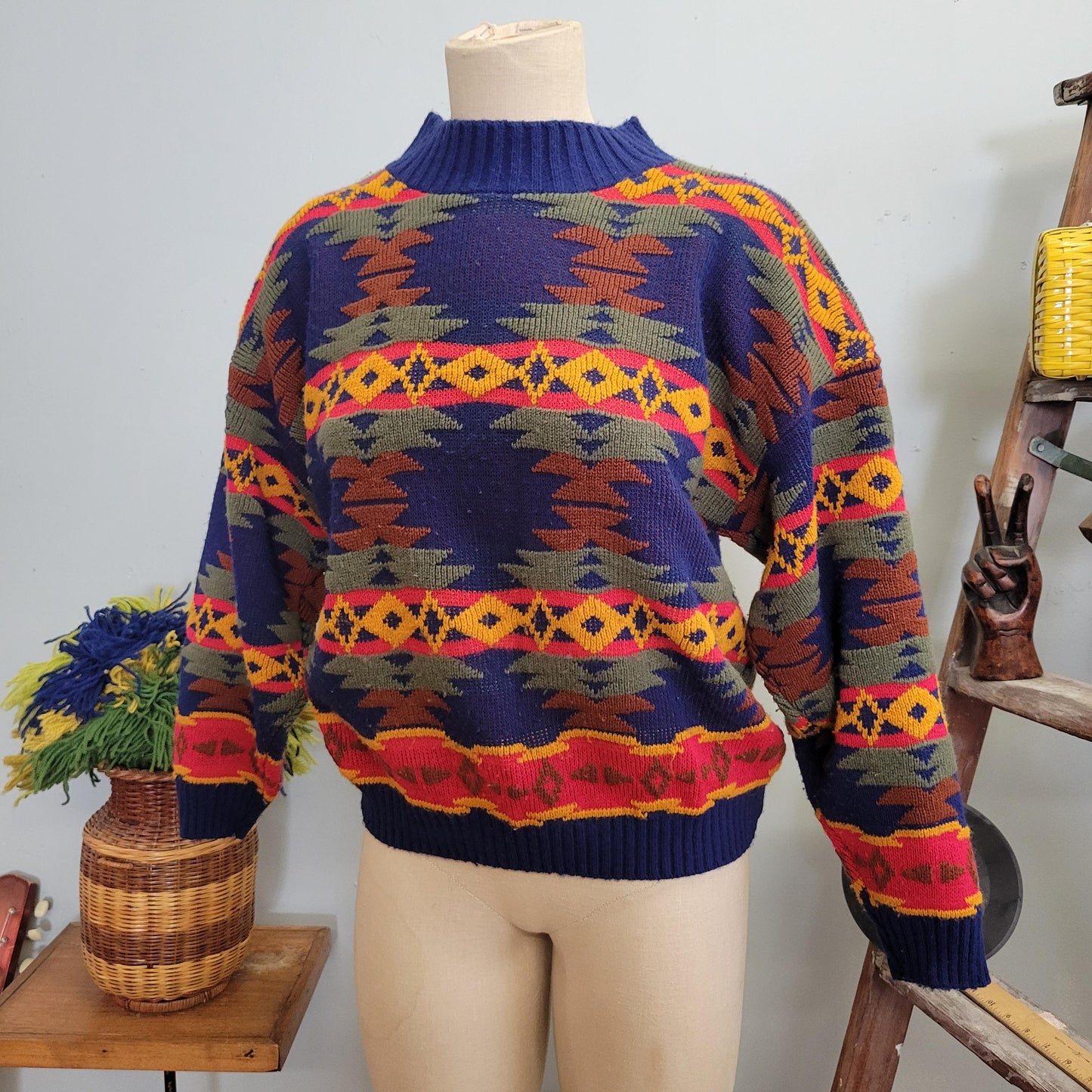 vtg 80s GEOMETRIC PATTERN SWEATER // vintage jj browne usa medium warm tones Aztec print southwestern neon abstract loud comfy slouchy style