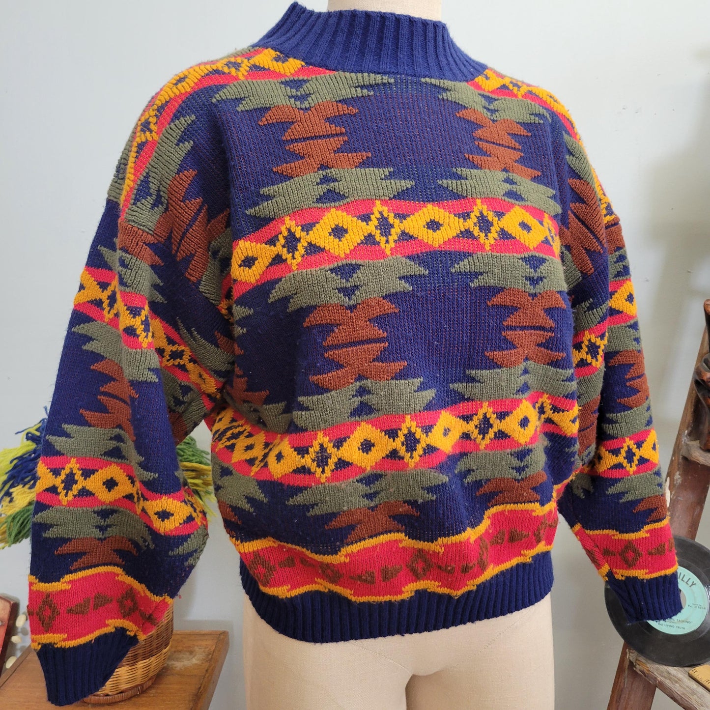 vtg 80s GEOMETRIC PATTERN SWEATER // vintage jj browne usa medium warm tones Aztec print southwestern neon abstract loud comfy slouchy style