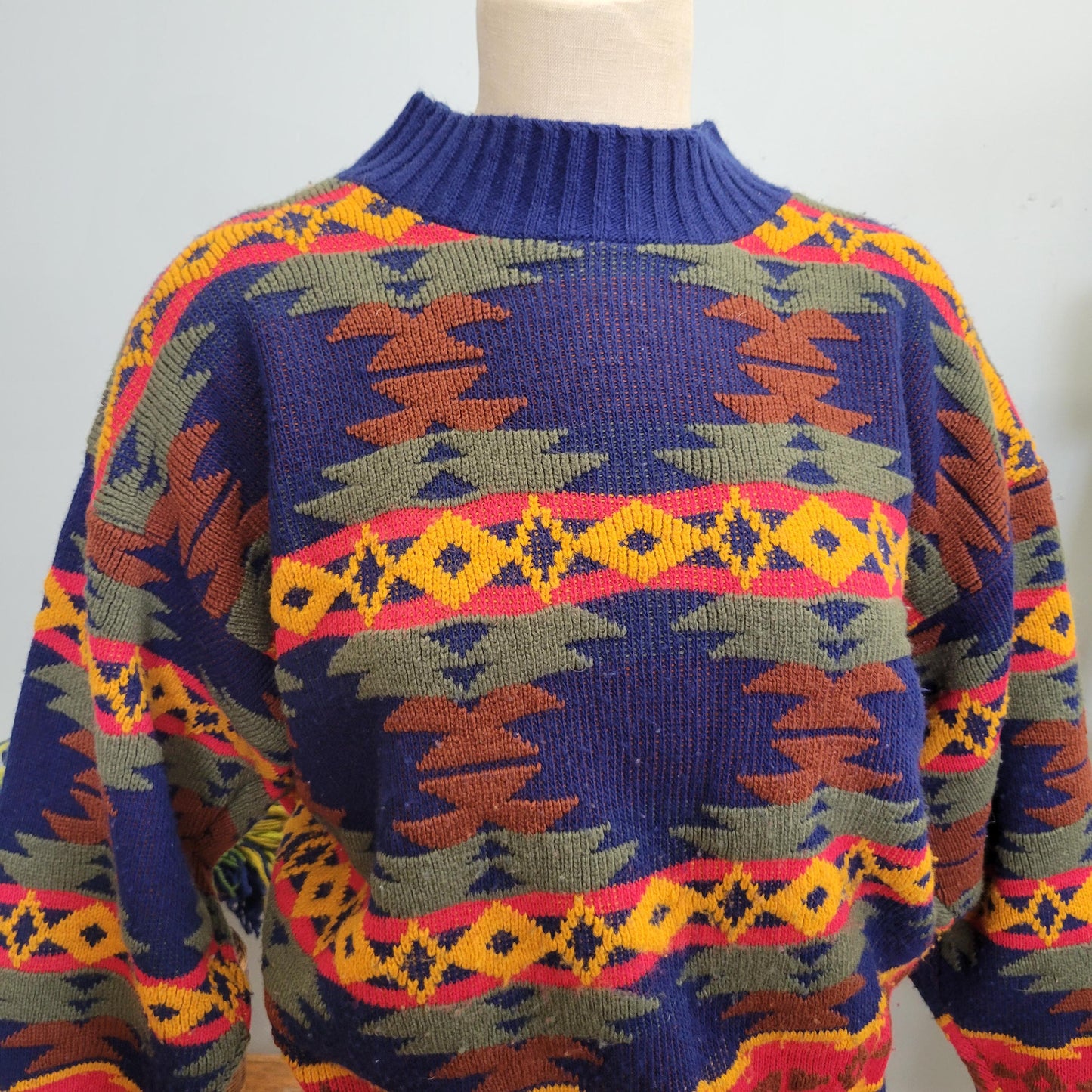vtg 80s GEOMETRIC PATTERN SWEATER // vintage jj browne usa medium warm tones Aztec print southwestern neon abstract loud comfy slouchy style