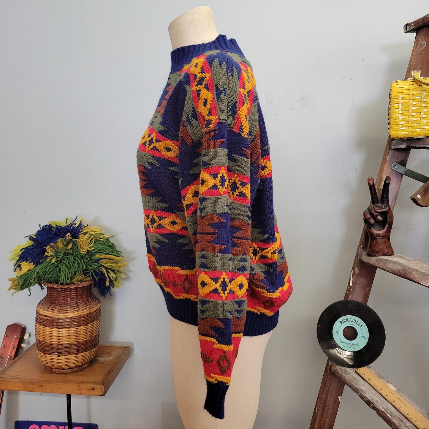 vtg 80s GEOMETRIC PATTERN SWEATER // vintage jj browne usa medium warm tones Aztec print southwestern neon abstract loud comfy slouchy style