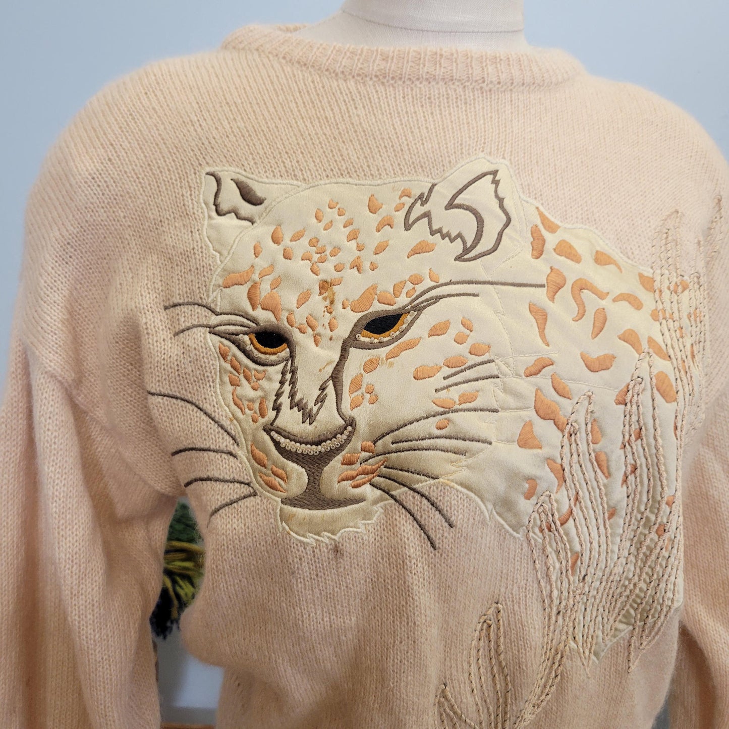 vtg 70s ESCADA LEOPARD SWEATER // vintage neiman marcus large gold satin lynx embroidered cat applique fancy high fashion name brand 80s fab