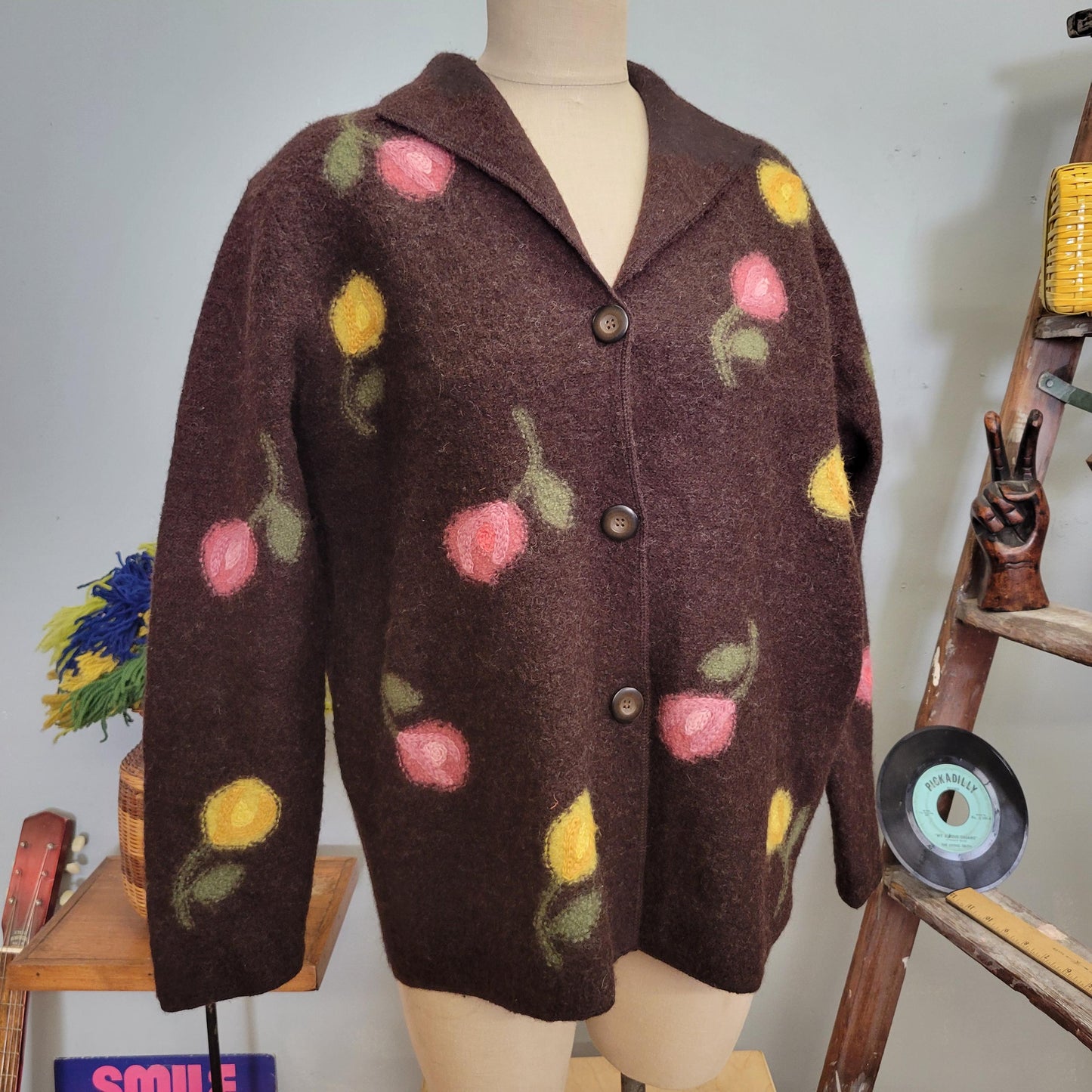 vtg 90s FLORAL MOHAIR CARDIGAN // xl vintage  carroll reed button up sweater jacket tulip patterned knit wool fuzzy shaggy happy cute print