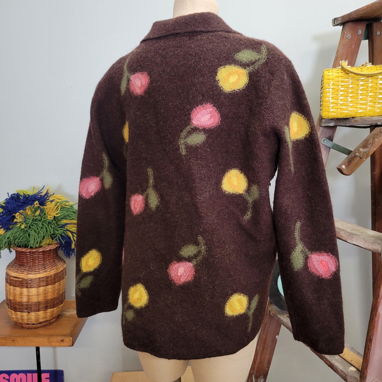 vtg 90s FLORAL MOHAIR CARDIGAN // xl vintage  carroll reed button up sweater jacket tulip patterned knit wool fuzzy shaggy happy cute print