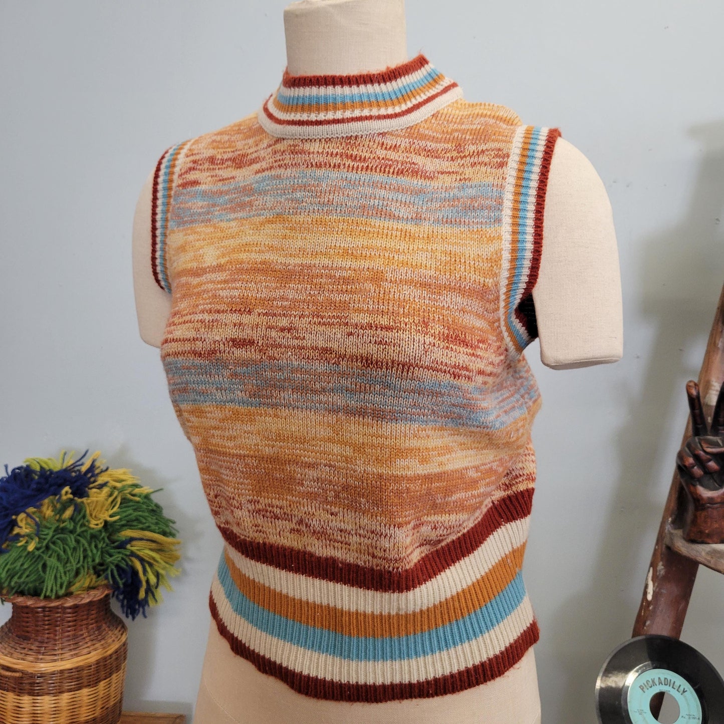 vtg 70s SPACE SYE SWEATER Vest // vintage kenny classics size 16 space dye striped cropped fitted hippie mod retro autum style layering top