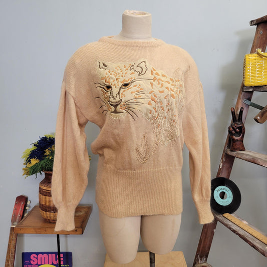 vtg 70s ESCADA LEOPARD SWEATER // vintage neiman marcus large gold satin lynx embroidered cat applique fancy high fashion name brand 80s fab