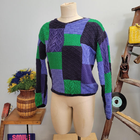 vtg 90s EAGLES EYE PATCHWORK Sweater // vintage size small bright geometric pattern cotton cropped fitted cozy top autumn vibes grunge girl