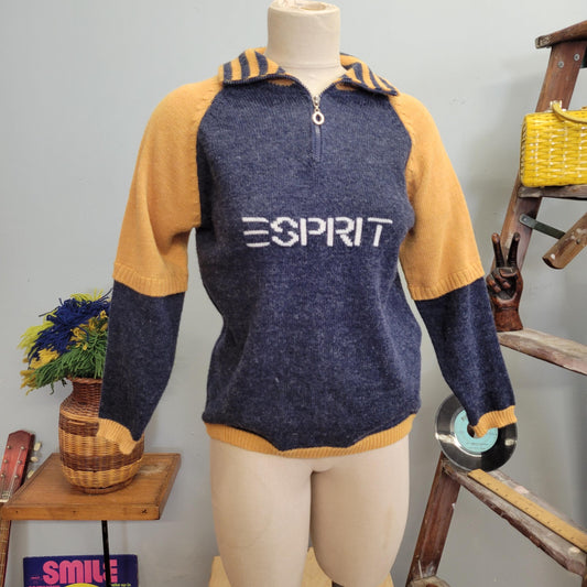 vtg 80s ESPIRIT SWEATER // vintage zip up medium mod striped sporty collared cotton color block knit pullover striped name brand logo spell