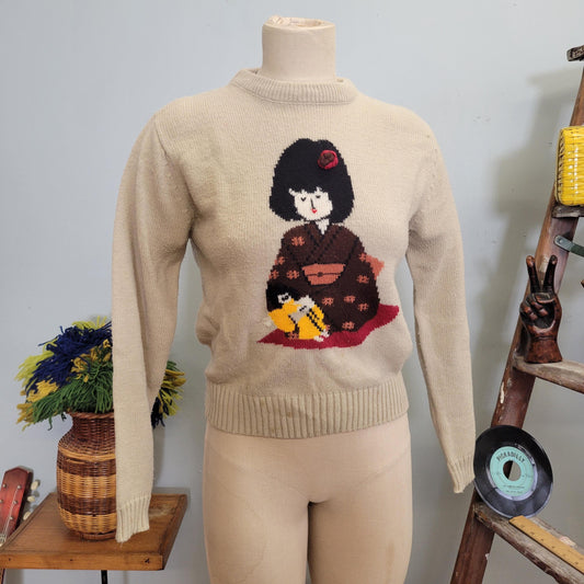 vtg 70s CUTE CROPPED SWEATER // vintage loubella extendables youth large girl with doll image cute casual autumn kimono oriental retro top