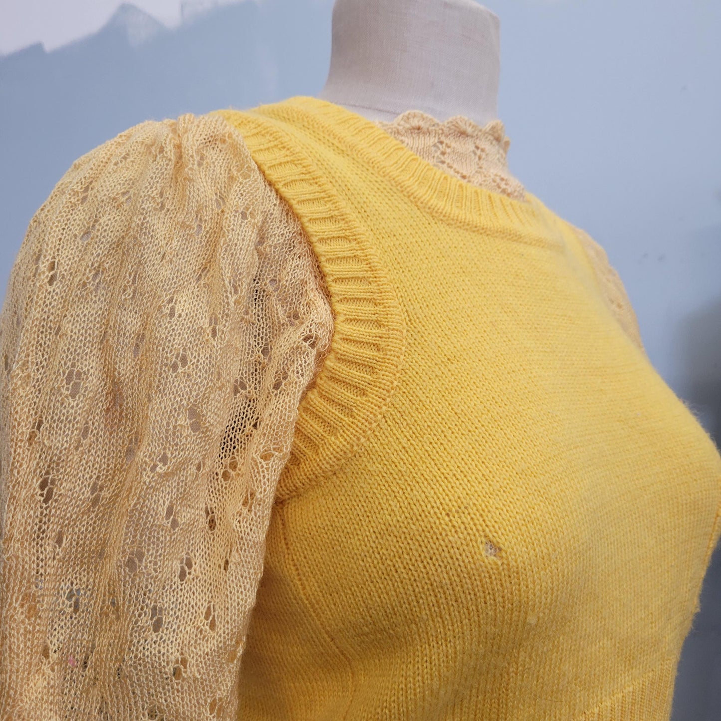 vtg 70s YELLOW SWEATER SET // vintage medium puffed sleeve sheer knit sweater & optional yellow sweater vest for layering pastel sunny fall