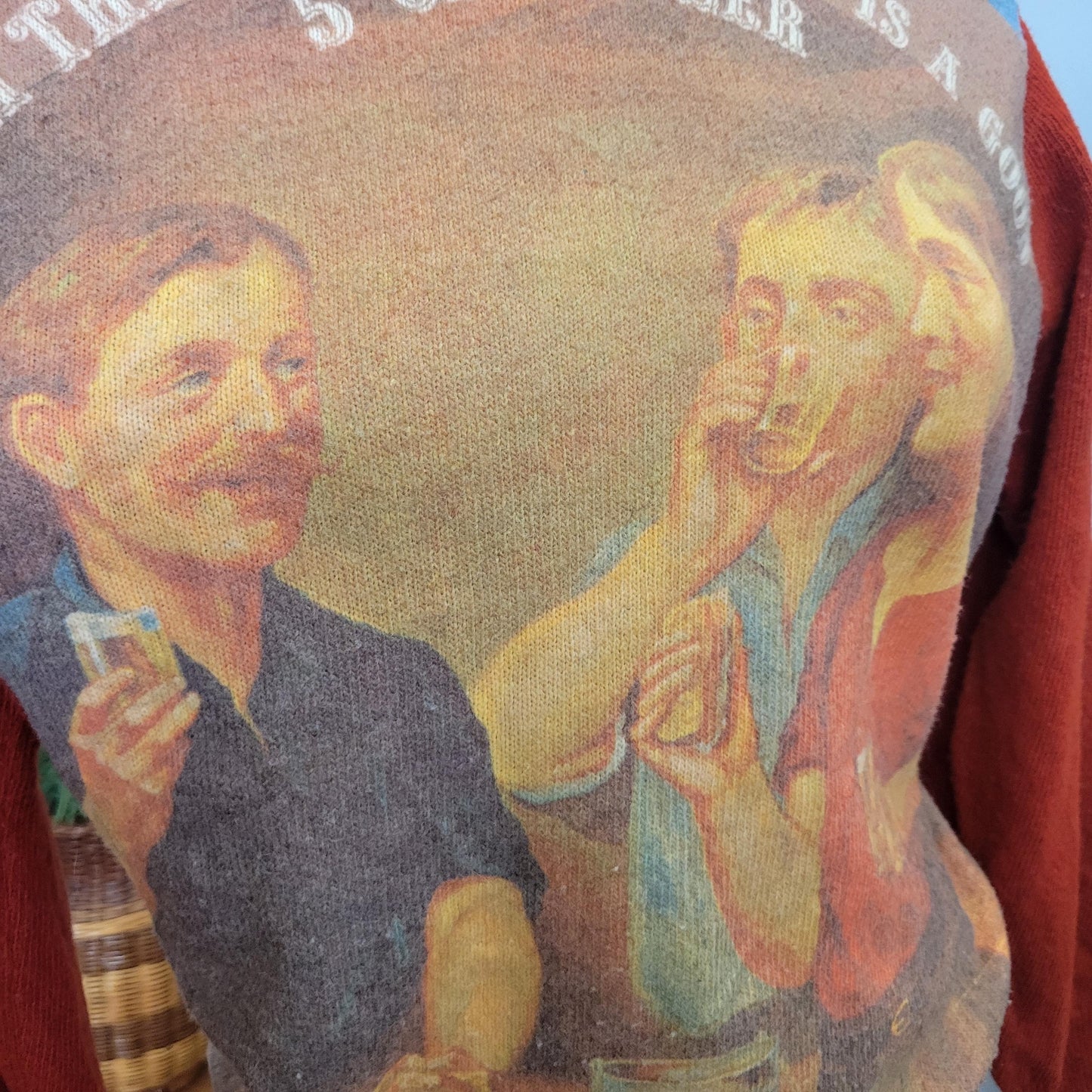 vtg 70s BAR SCENE SWEATER // vintage retro mcgregor medium pictorial "what this country needs is a good 5 cent beer" autumn hippie bartender