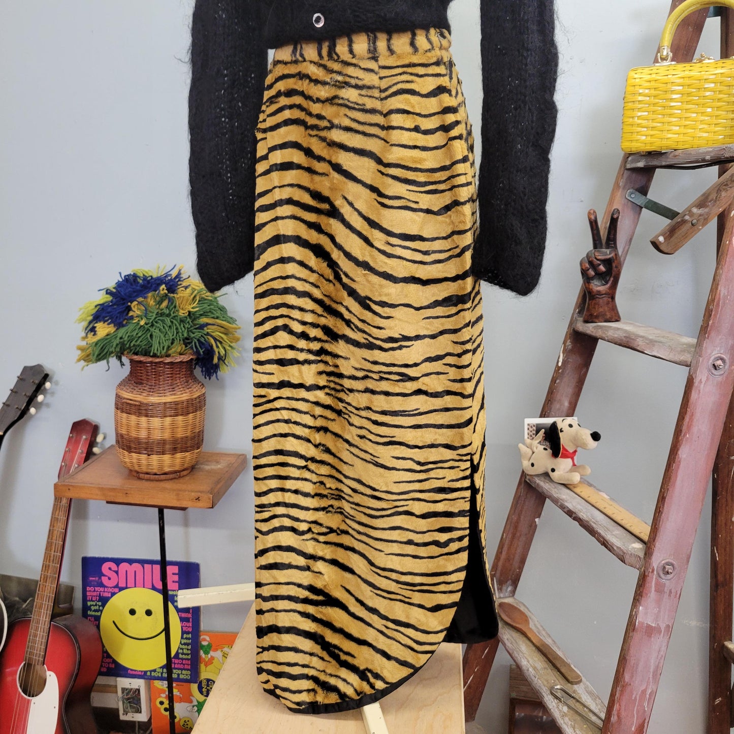 vtg 60s TIGER PRINT SKIRT // vintage Cole of California Fun Fashions animal print faux fur maxi skirt with leg slit 70s disco rocker style