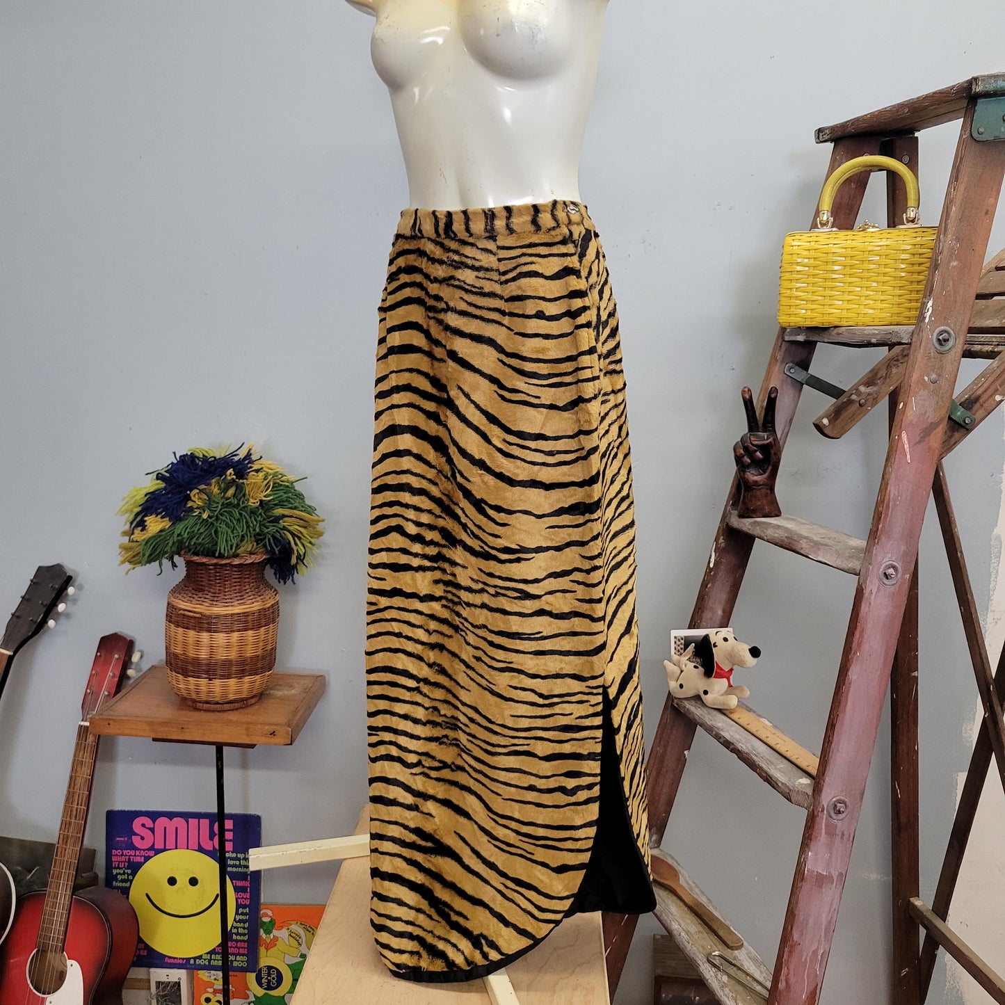 vtg 60s TIGER PRINT SKIRT // vintage Cole of California Fun Fashions animal print faux fur maxi skirt with leg slit 70s disco rocker style