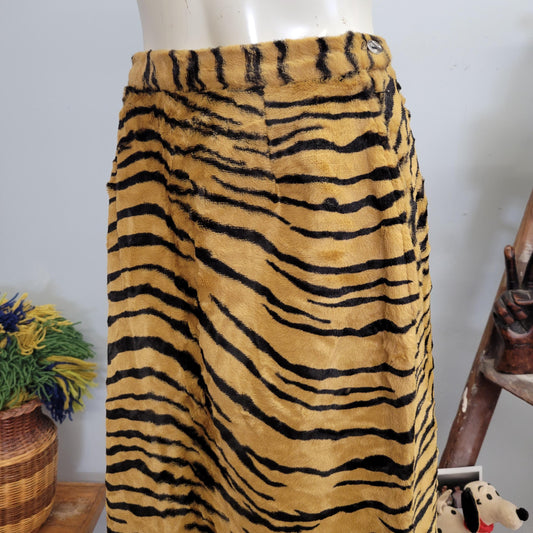vtg 60s TIGER PRINT SKIRT // vintage Cole of California Fun Fashions animal print faux fur maxi skirt with leg slit 70s disco rocker style