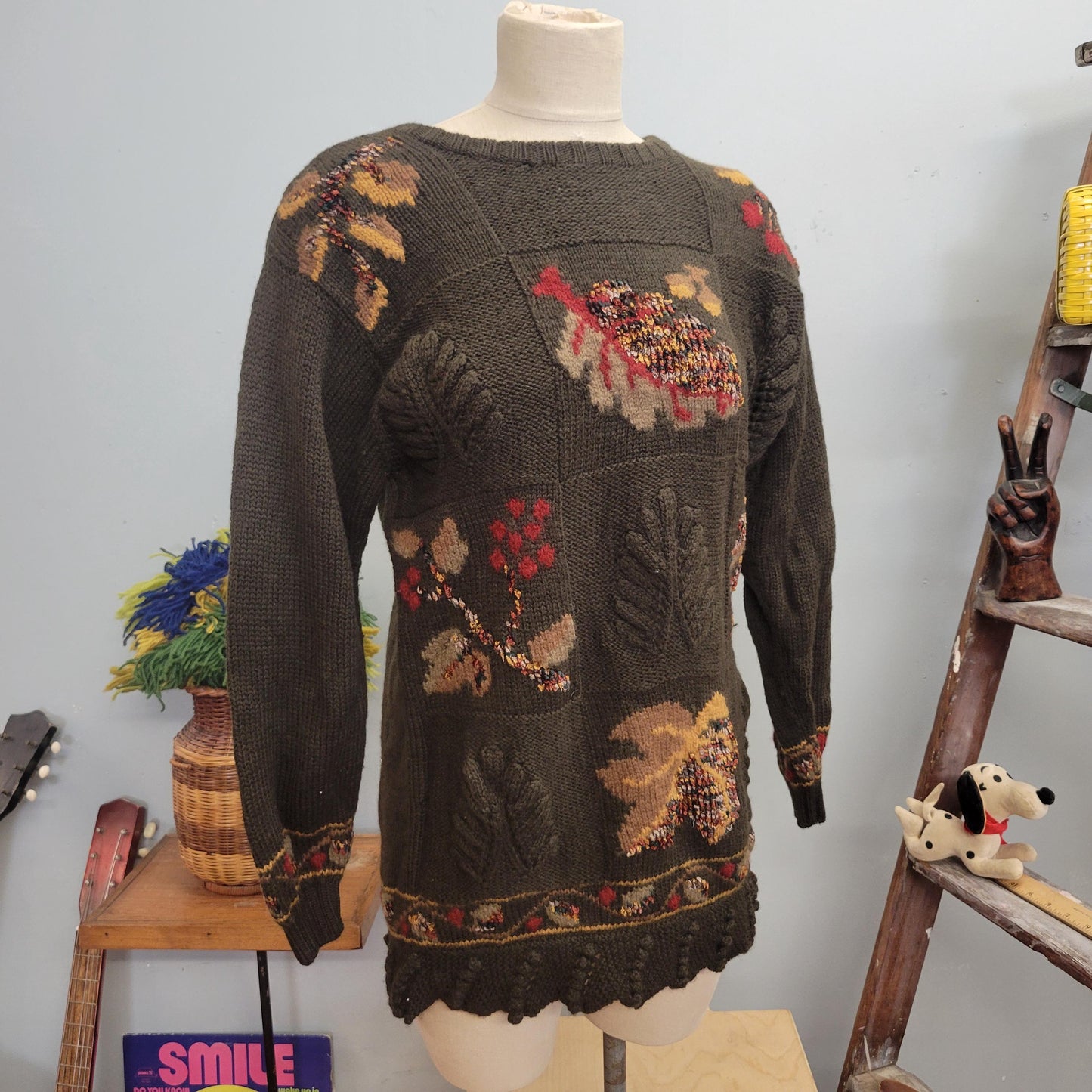 vtg 80s AUTUMN LEAVES SWEATER // vintage jh collectibles medium leaf stencil patterned fall vibes winner long oversized warm earth tones top