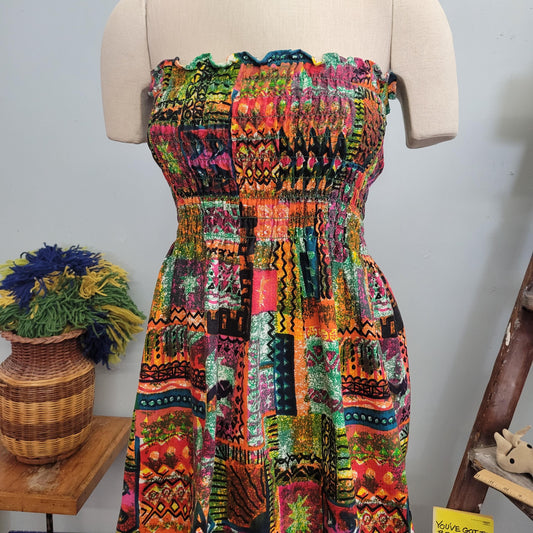 vtg 70s STRAPLESS ABSTRACT DRESS // vintage psychedelic patchwork cinchy retro hippie style autumn fall fashion funky abstract maximalist