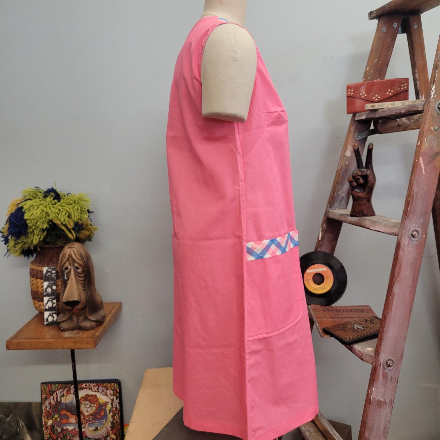 vtg 60s PINK CHECKERED DRESS // vintage montgomery ward 12 womens medium pastel blue pink gingham plaid mod snap up apron smock retro cute