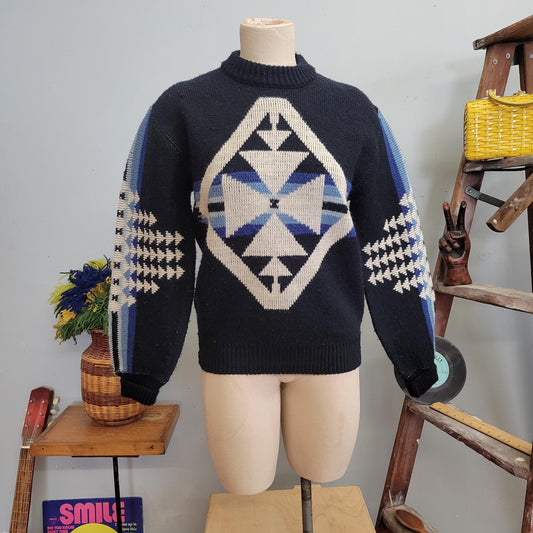 vtg 70s GEOMETRIC PATTERN SWEATER // vintage montgomery ward size medium Pendleton style navy blue triangles abstract multicolor striped