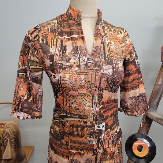 vtg 70s ALL OVER PRINT Top // vintage i.o.u. braxton blouse high collar v neck 3/4 sleeve retro autumn fall fashion hippie mod psychedelic