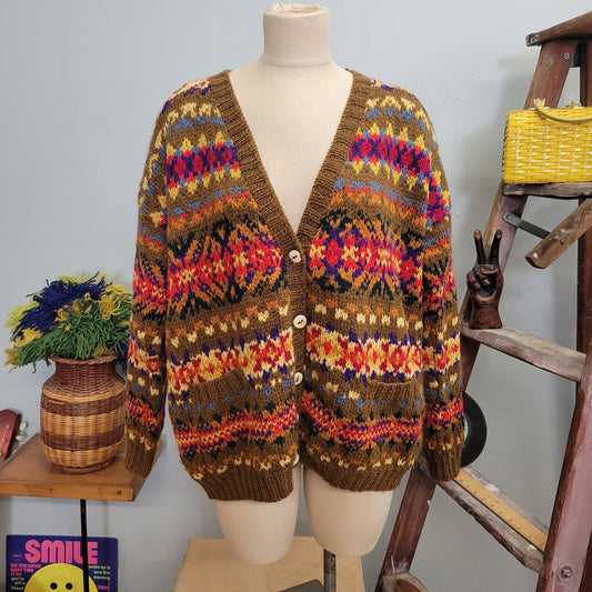 vtg 80s BRIGHT PATTERN CARDIGAN // vintage roberta freymann medium wool sweater rainbow multicolor v neck thick chunky oversized funky style
