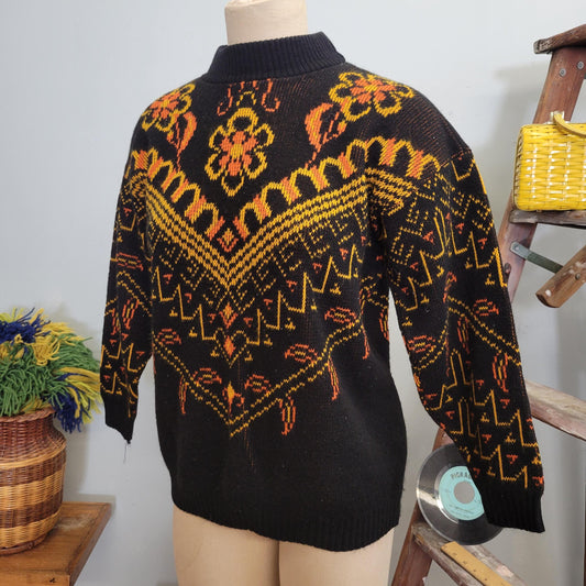 vtg 70s FLOWER POWER SWEATER  // vintage la venture large made in usa psychedelic fall colors autumn vibes orange floral pattern halloween
