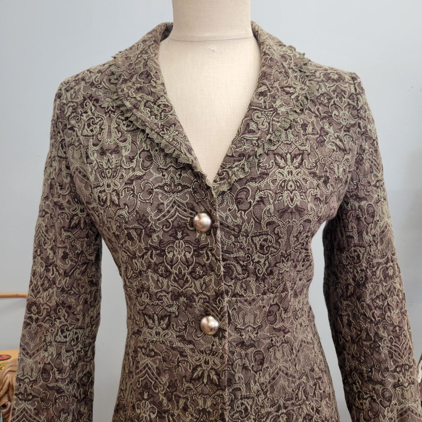 vtg 90s PATTERNED DUSTER JACKET // vintage papillon small womens structured sleek phoebe friends sophisticated casual autumn trench duster