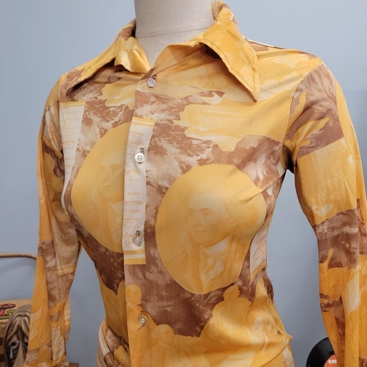 vtg 70s SILKY MONEY TOP // vintage psychedelic sportcrest 16 nylon button up andrew jackson benjamin franklin constitution declaration usa