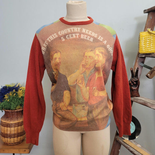 vtg 70s BAR SCENE SWEATER // vintage retro mcgregor medium pictorial "what this country needs is a good 5 cent beer" autumn hippie bartender