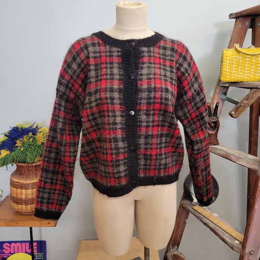 vtg 80s PLAID MOHAIR CARDIGAN // vintage rosanna large fuzzy plaid sweater clueless preppy autumn casual boxy warm tones button up cozy knit