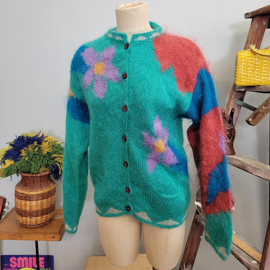 vtg 90s FLORAL MOHAIR CARDIGAN // vintage turquoise flower power medium button up fuzzy multicolor funky pink pastel patterned cute bright