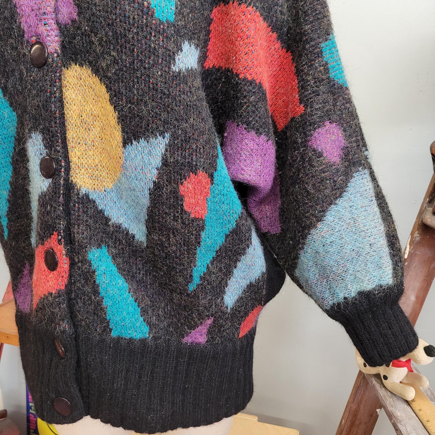 vtg 80s FUNKY ABSTRACT CARDIGAN // vintage sweater jb diffusion large oversized button up sweater jacket turtleneck slouchy geometric fuzzy